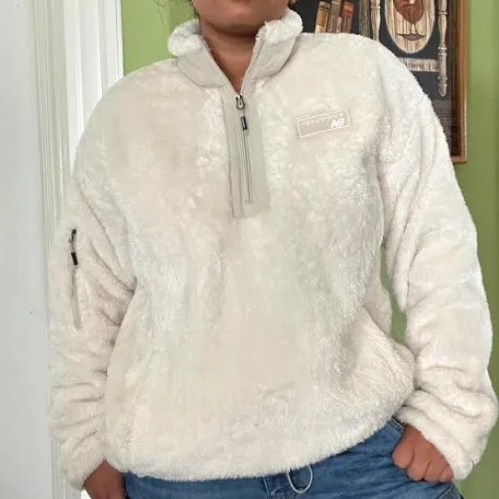 New Balance Sherpa Fleece Quarter Zip Pullover Ivory Teddy Jacket Women's